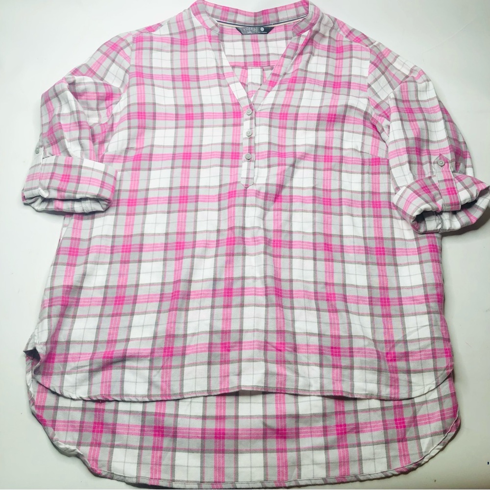 Riders by Lee Pink & Gray Plaid Quarter Button Top, Rolled Sleeves Western Style